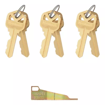Kwikset 5 Pin, K Bow, Random Cut, 3 key rings with 2 cut keys on each that are all KA with rekey tool loose — manufacturer family view