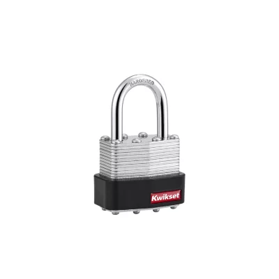Kwikset 1-9/16 in Laminated Steel Padlock with 1 in Hardened Steel Shackle — manufacturer family view