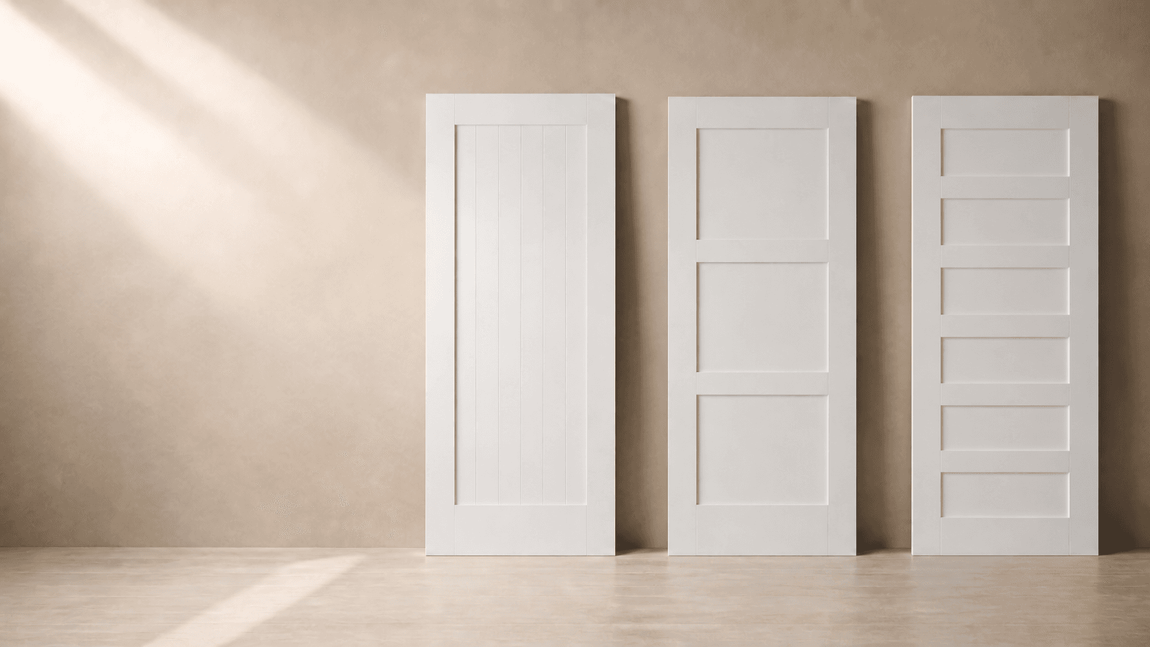 Three primed interior door slabs in the Abel studio