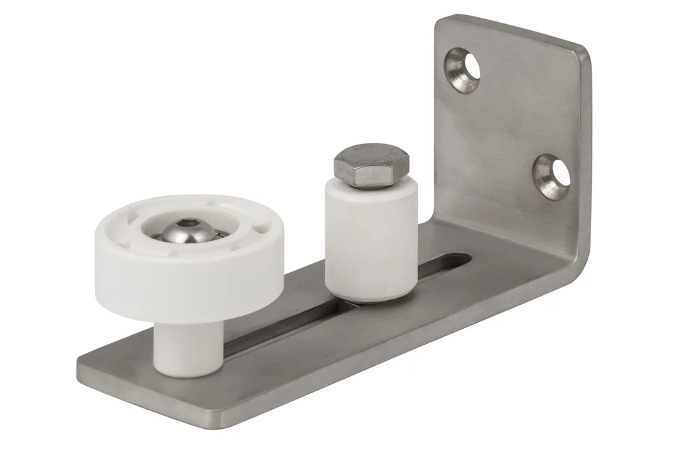 Sure-Loc Barn Track Adjustable Roller Guide, Wall Mounted in 15 Satin Nickel