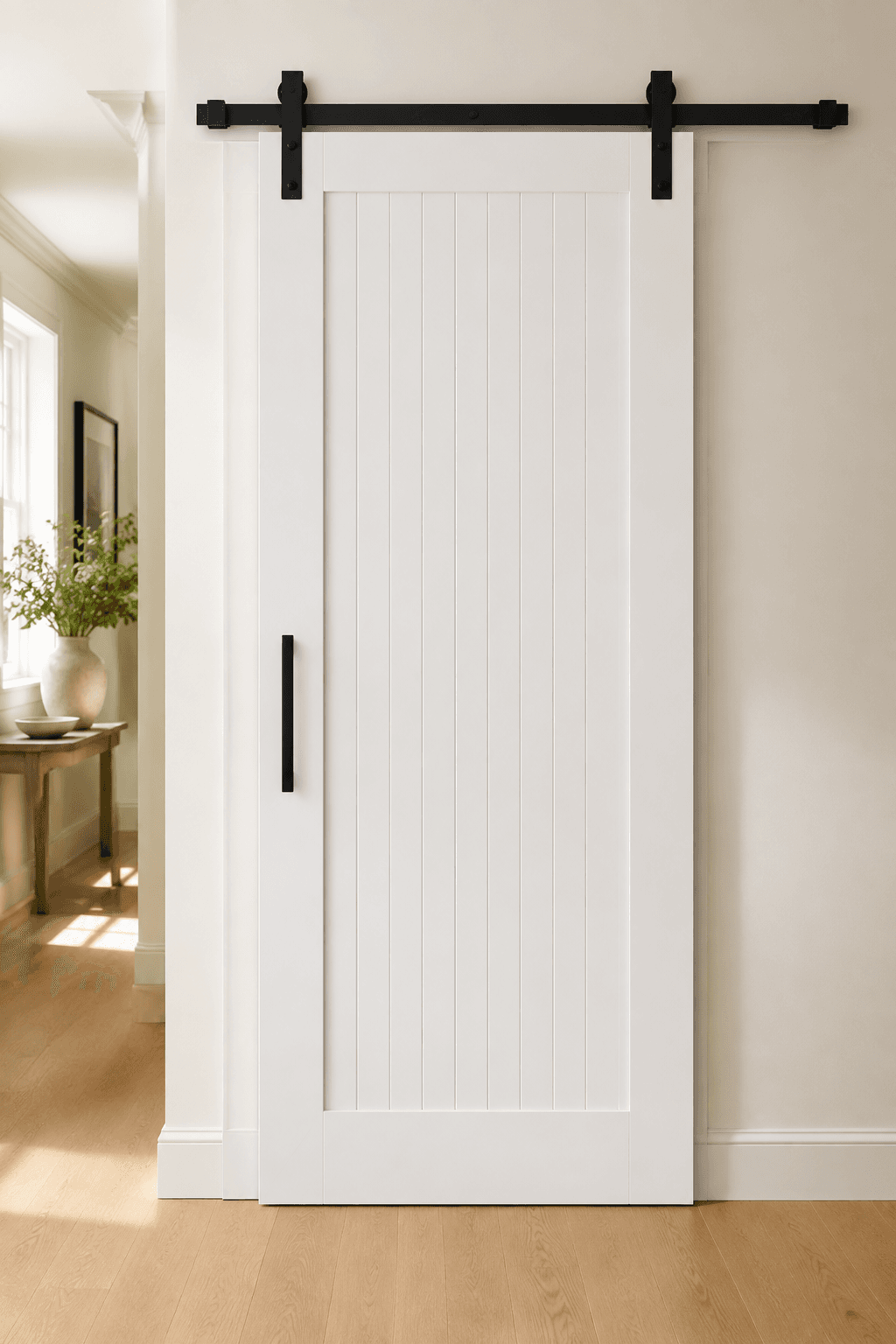 MDF vertical nickel gap installed hero — photorealistic product image