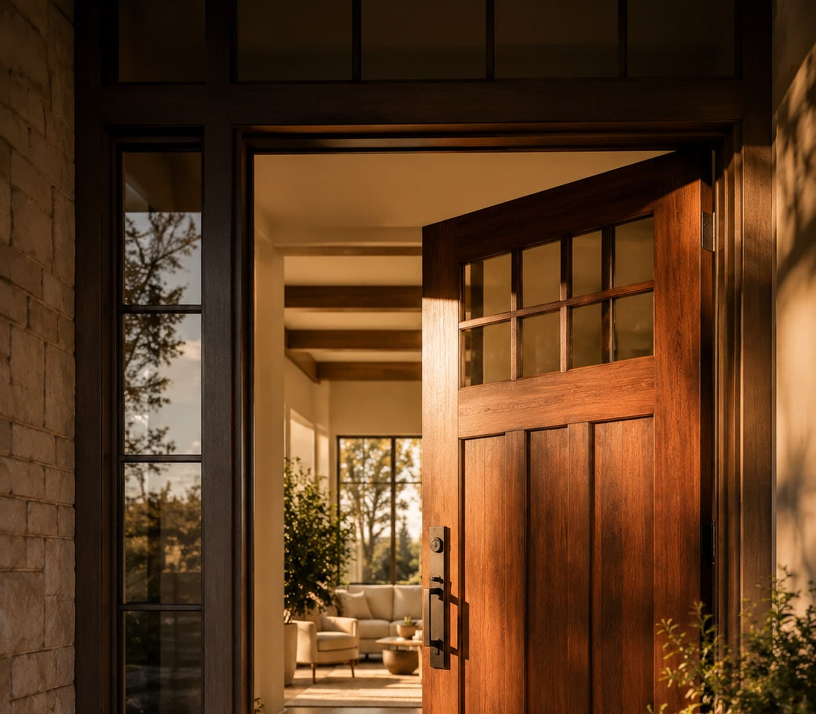 An entry door opening into a bright DFW custom home