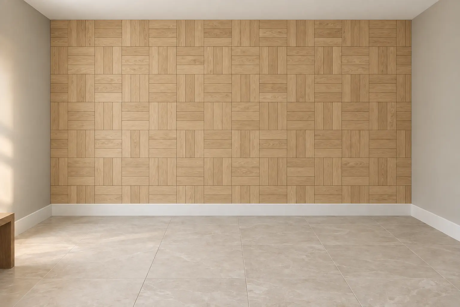 White Oak Parquet Block Wall — after design concept