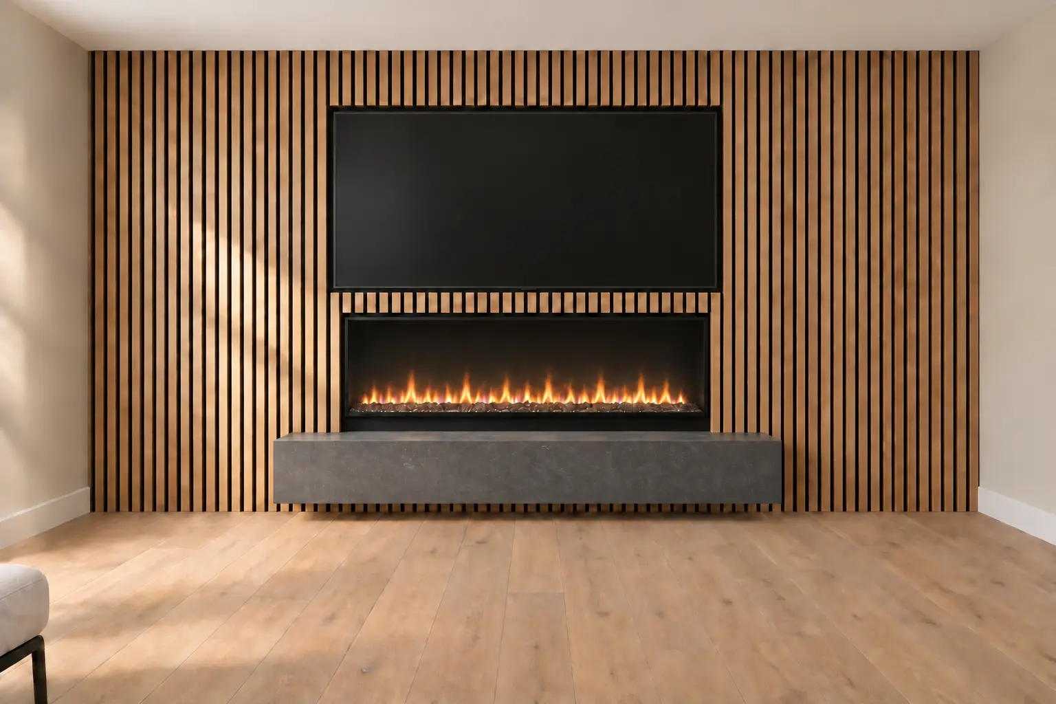 Slatted Media Wall with Electric Fireplace — after design concept