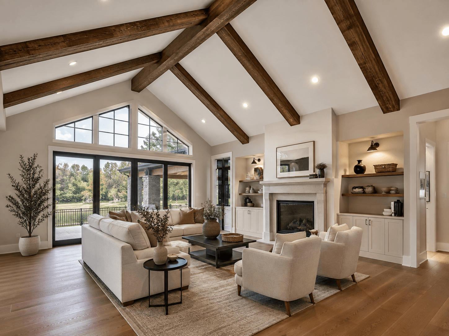 Slim modern walnut beams — illustrative design