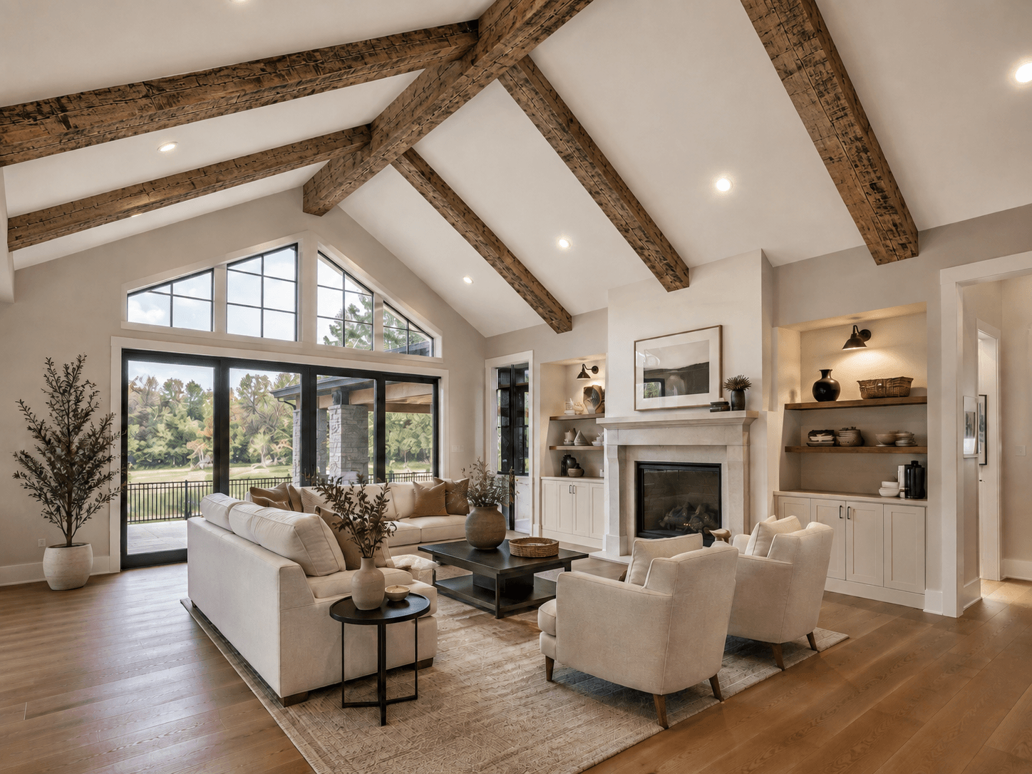 Slim modern walnut beams — illustrative design