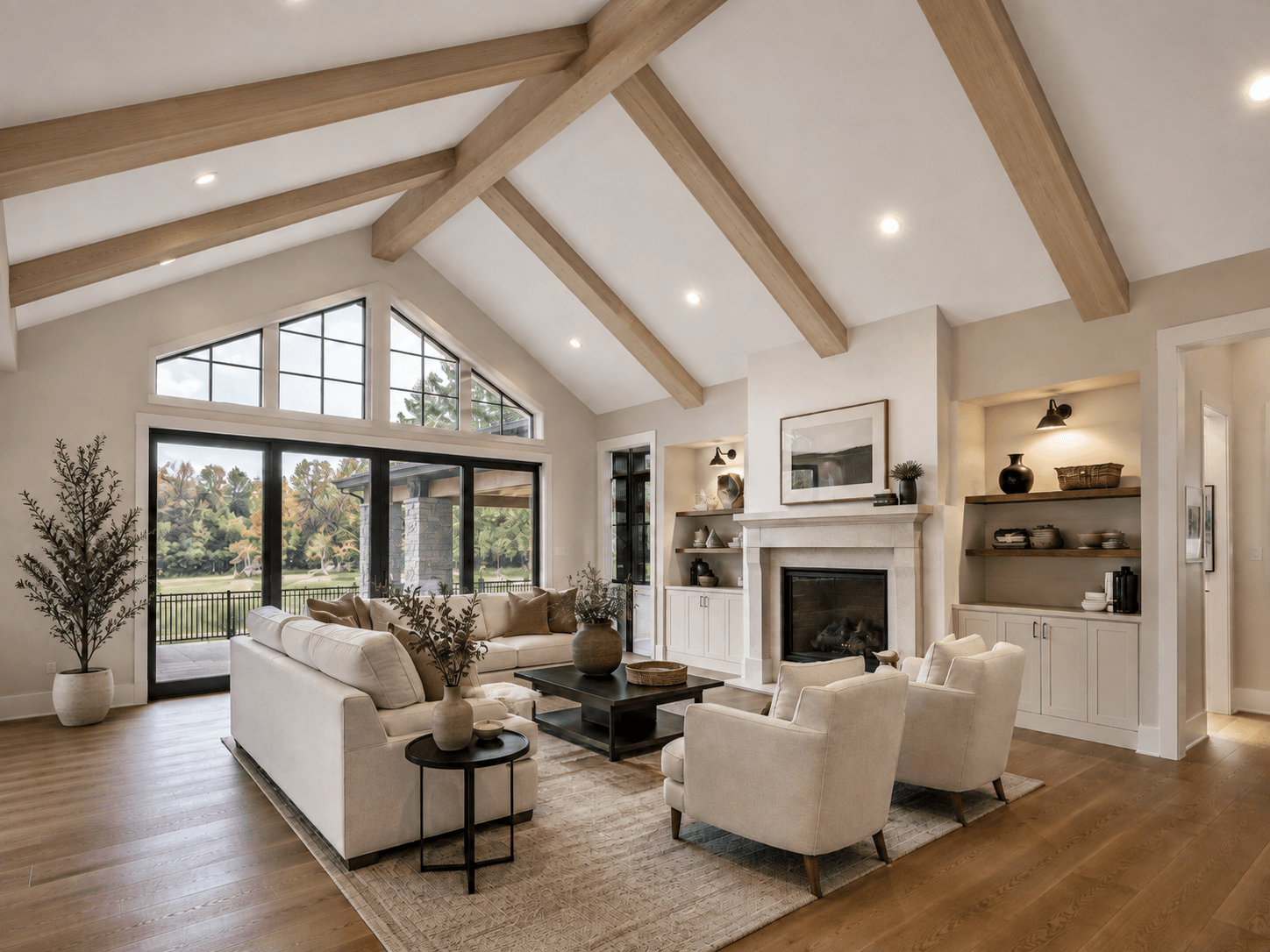Floating parallel white-oak beams — illustrative design