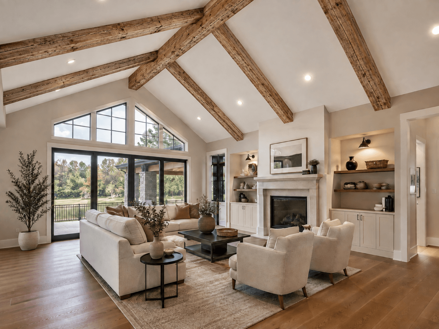 Rustic hand-hewn fir trusses — illustrative design