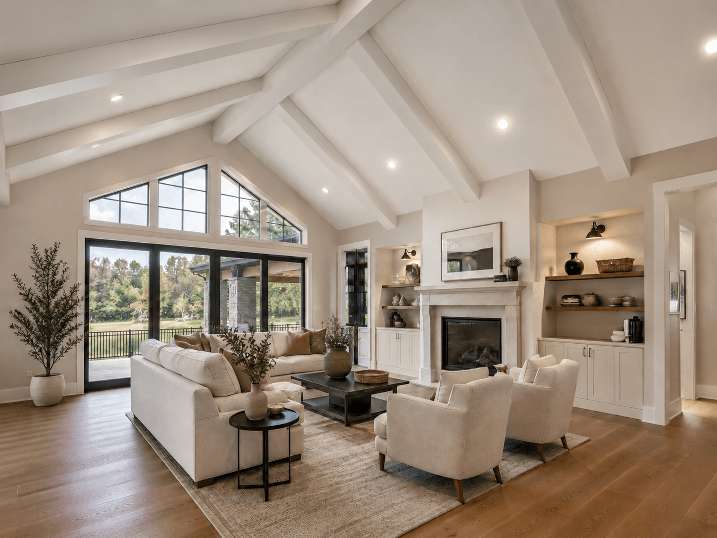 Floating parallel white-oak beams — illustrative design