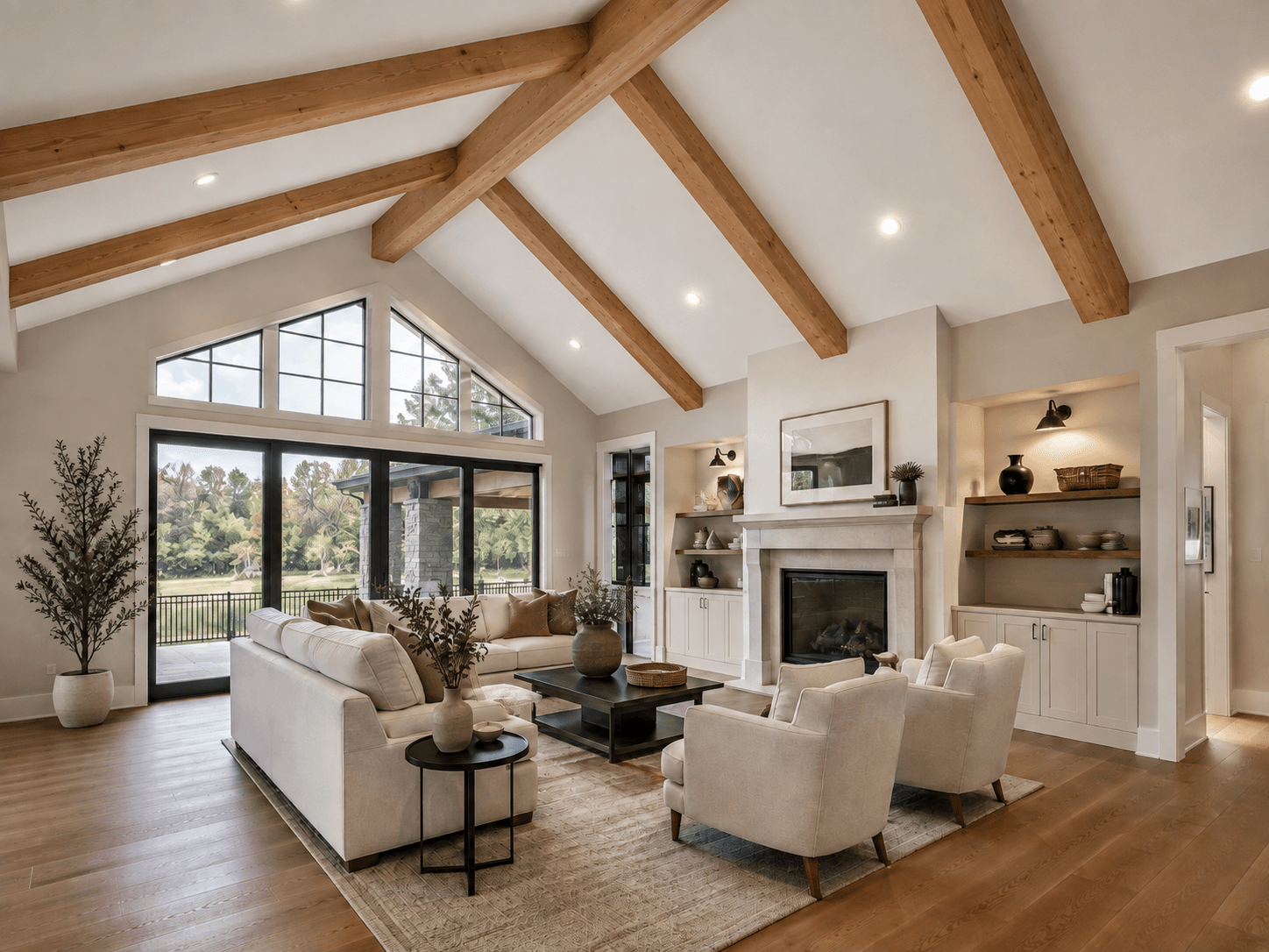 Floating parallel white-oak beams — illustrative design