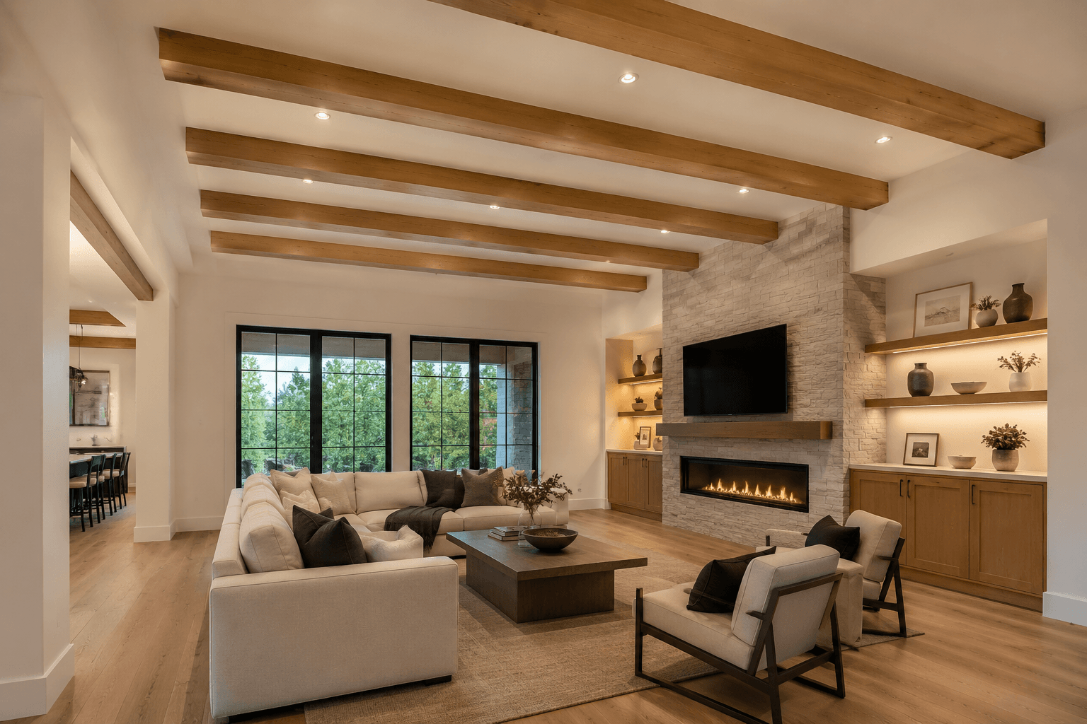 Clean boxed white oak ridge beam