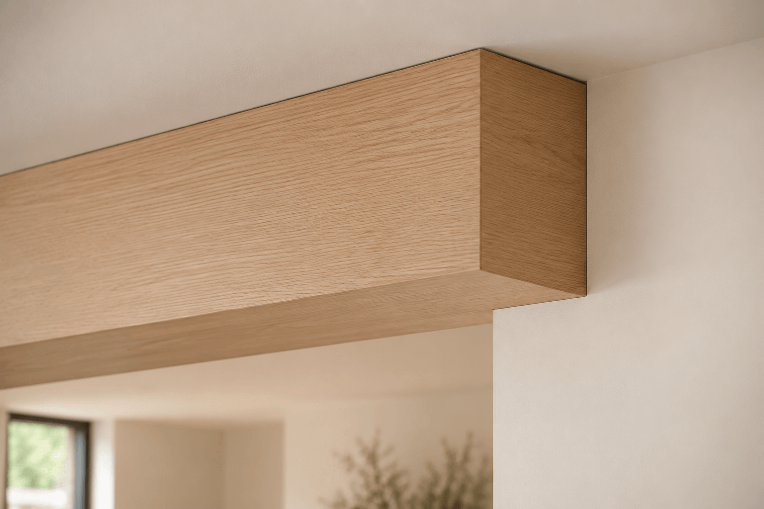 Clean boxed white oak ridge beam