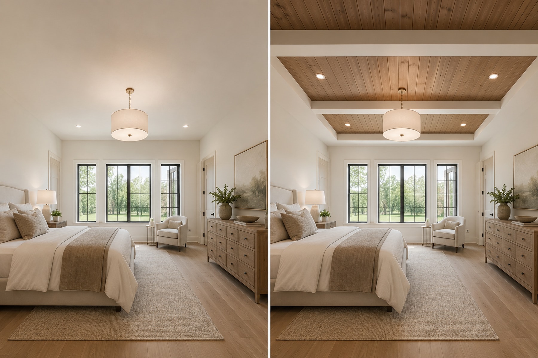 Slim modern walnut beams — illustrative design