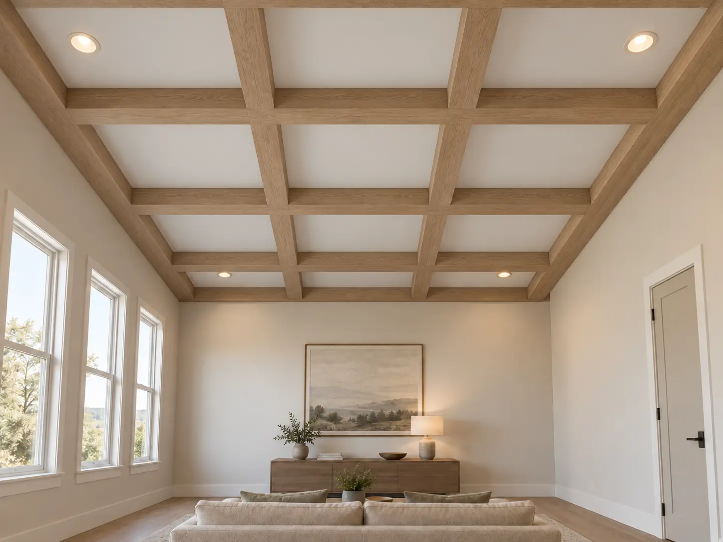 White Oak Beam Grid Ceiling — after design concept