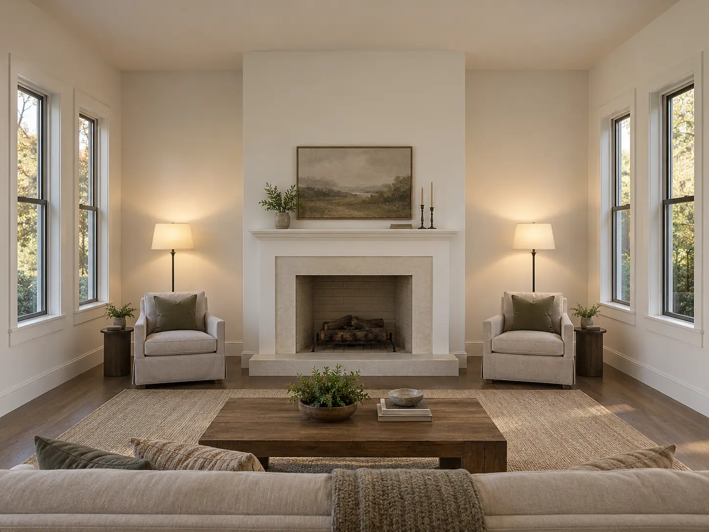 Stone Fireplace With Paneled Side Wings — before design concept