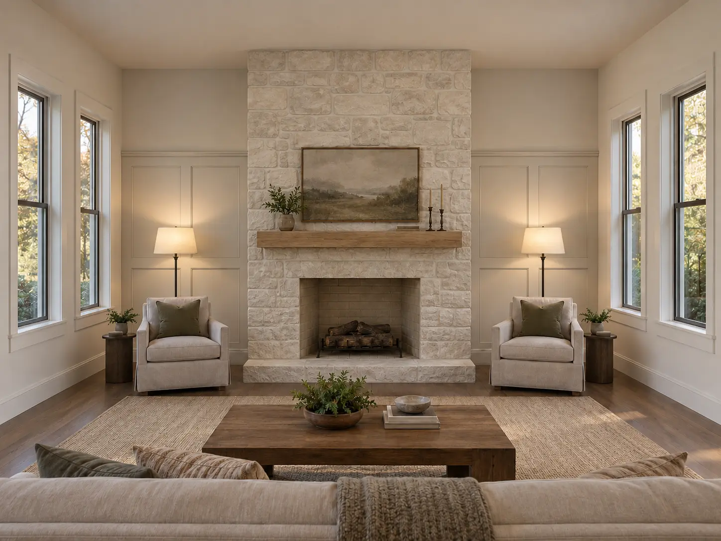 Stone Fireplace With Paneled Side Wings — after design concept