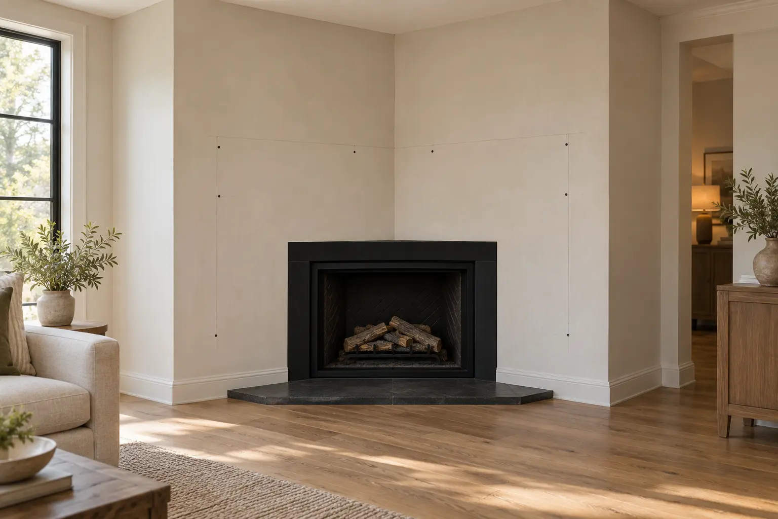 Corner Fireplace Mantel — before design concept