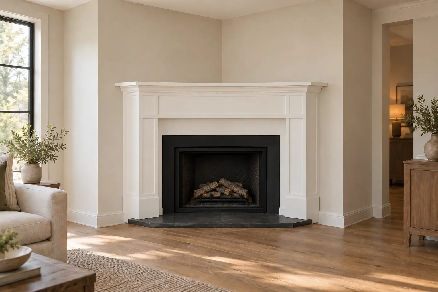 Corner Fireplace Mantel — after design concept