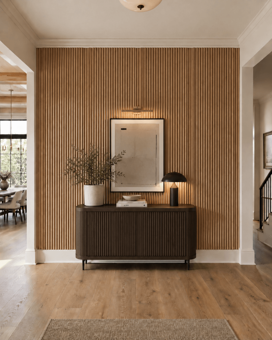 White-oak half-wall slats — illustrative design