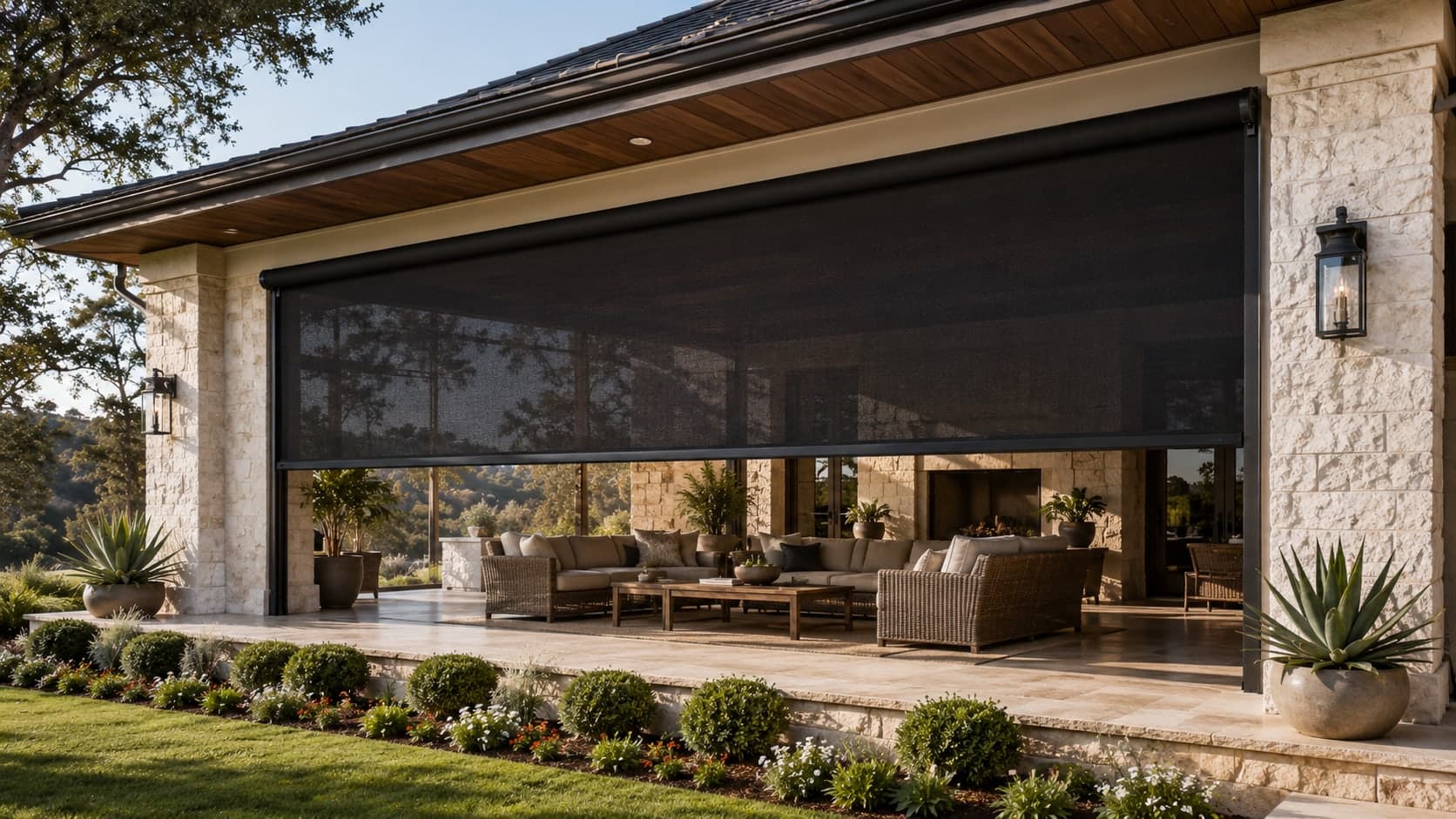 A covered back porch with comfortable outdoor seating and a beamed ceiling