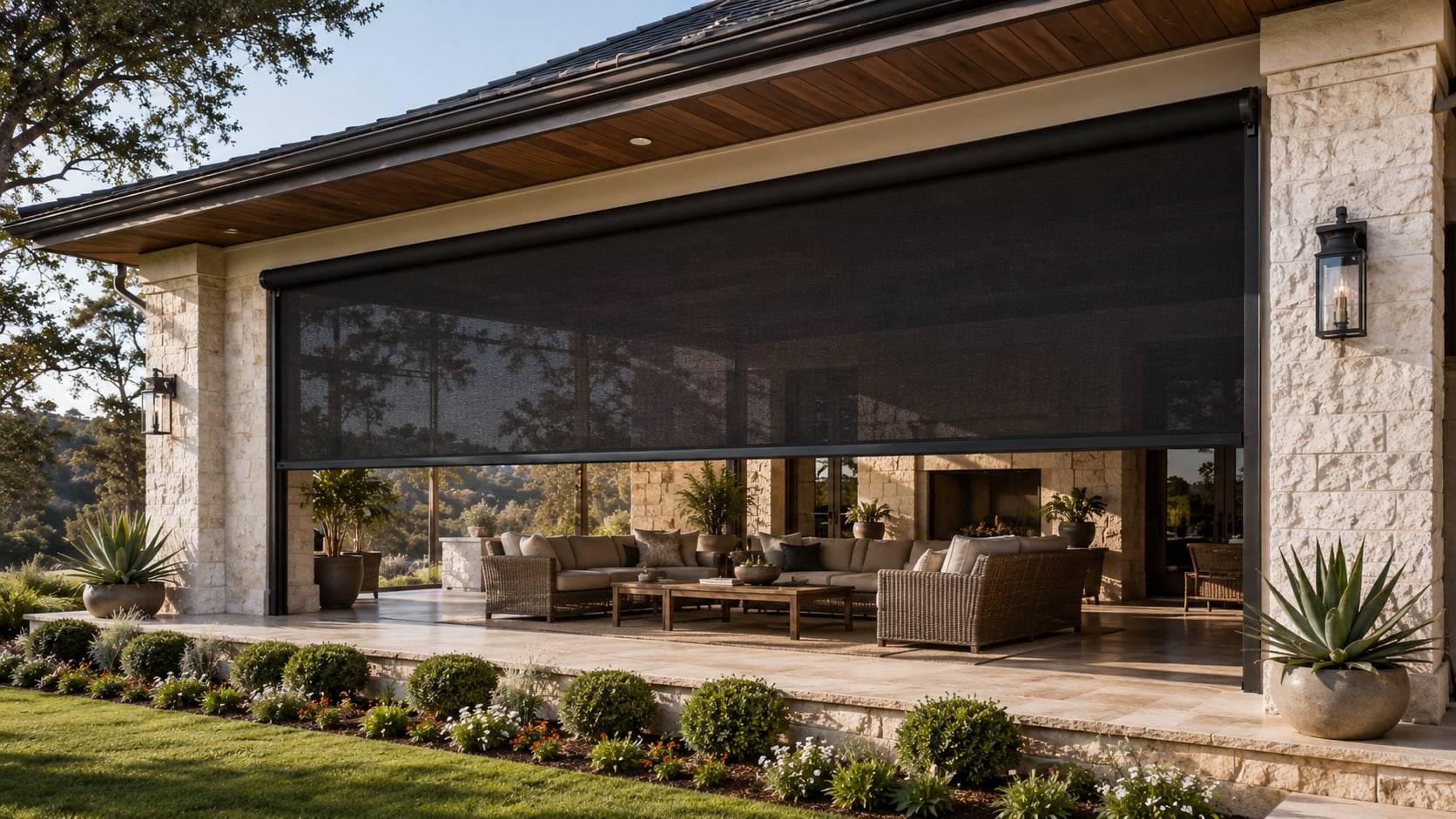 A motorized solar screen lowered over a covered patio