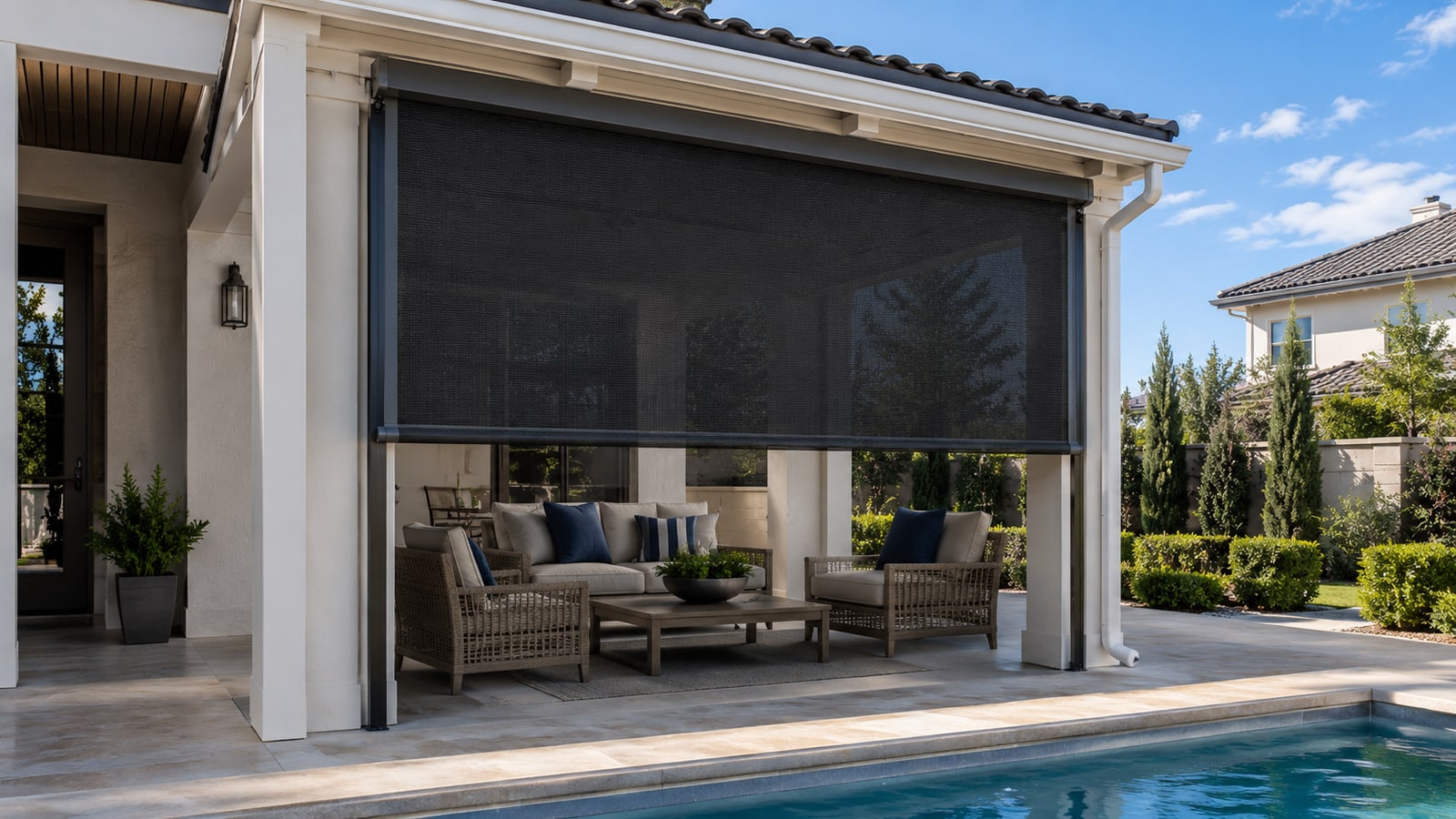 Poolside outdoor living, shaded