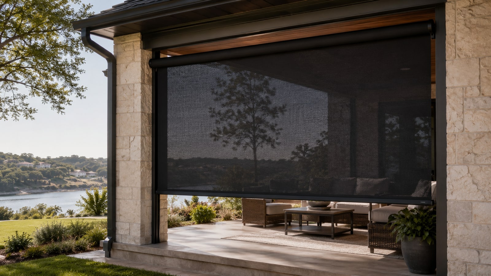 Exterior screen on a Texas stone home
