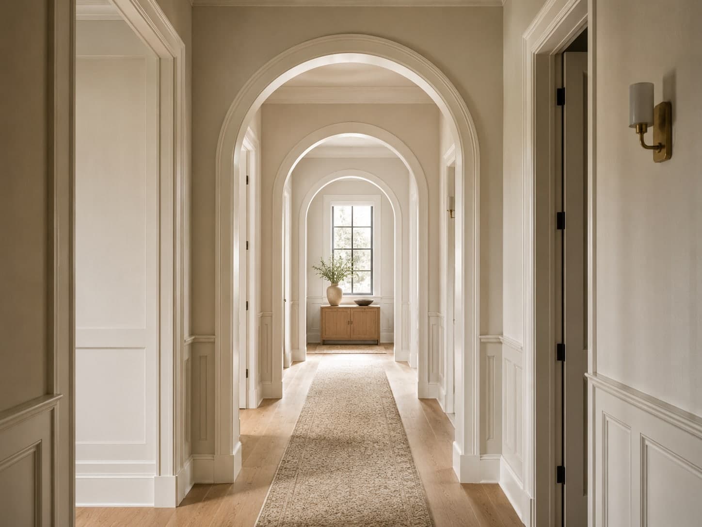 A hallway of arched openings framed in primed casing