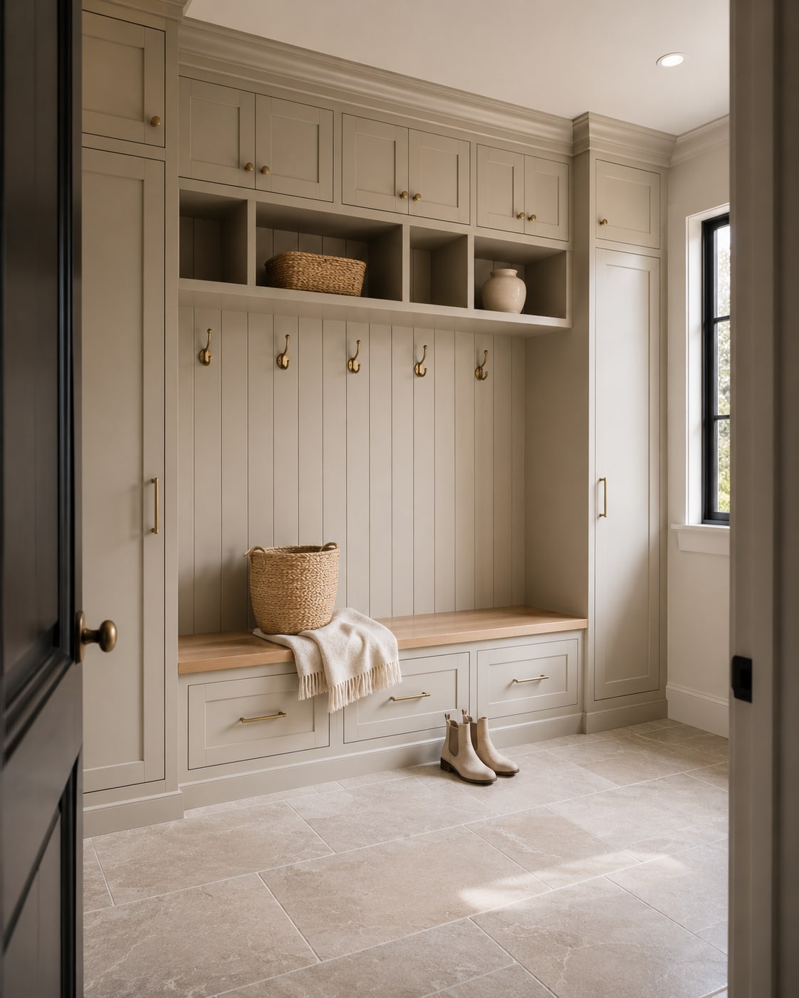 Built-in bench with vertical paneling