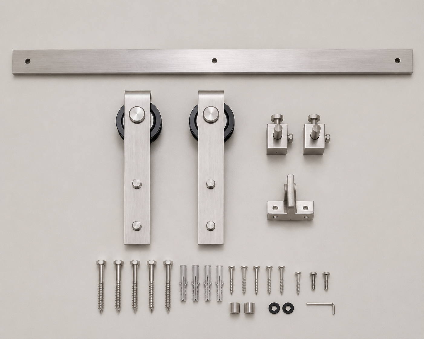 Slade stainless hardware kit studio — photorealistic product image